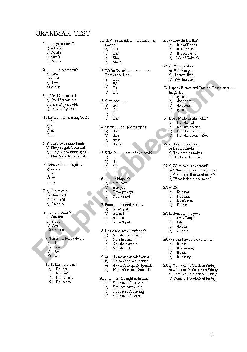 GRAMMAR TEST for Secondary Education