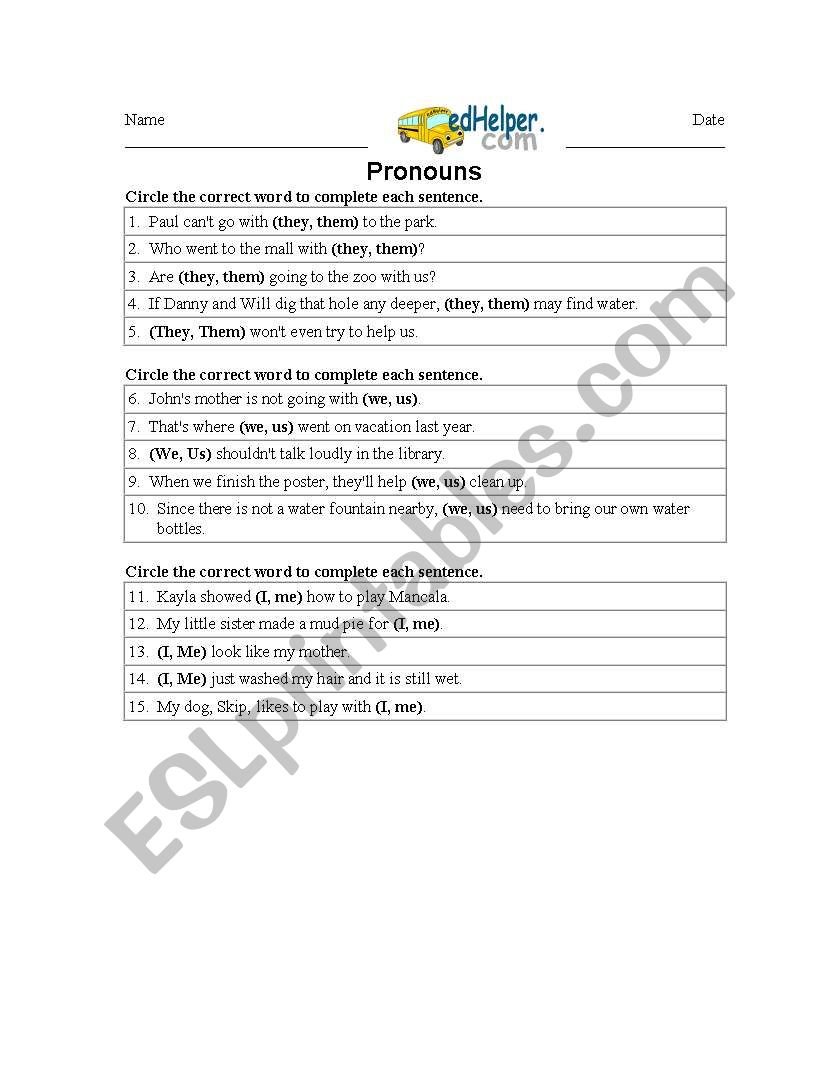 pronoun worksheet