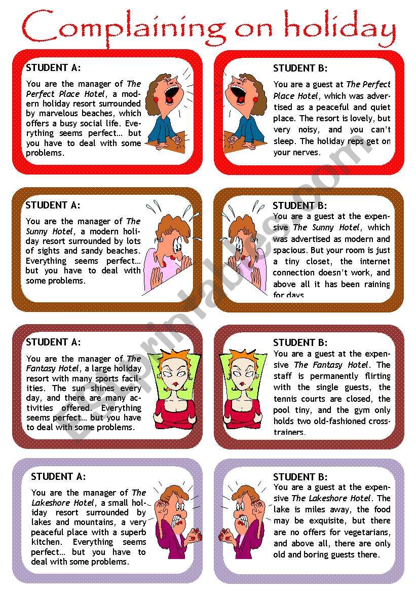 Role play for intermediate students: Complaining on holidays