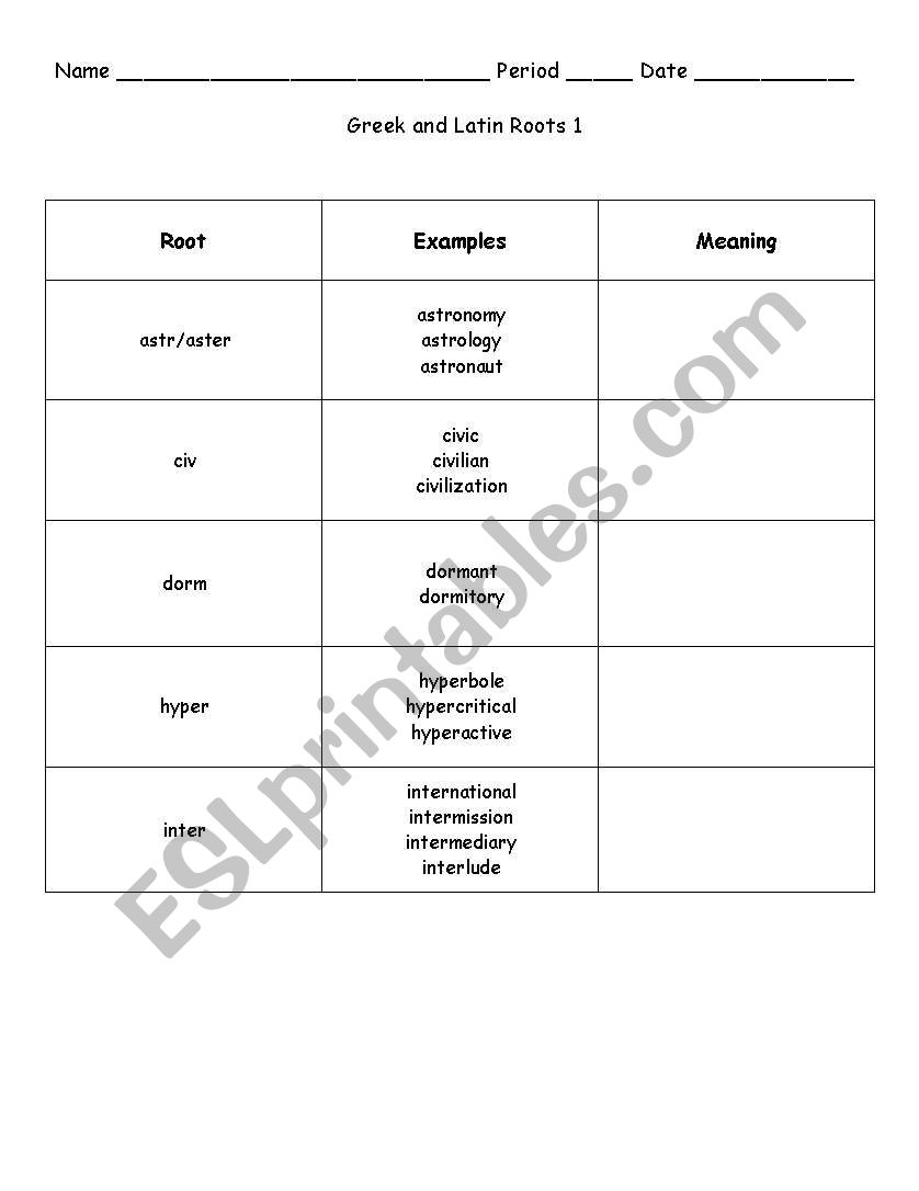 Greek and Latin Roots 1 worksheet