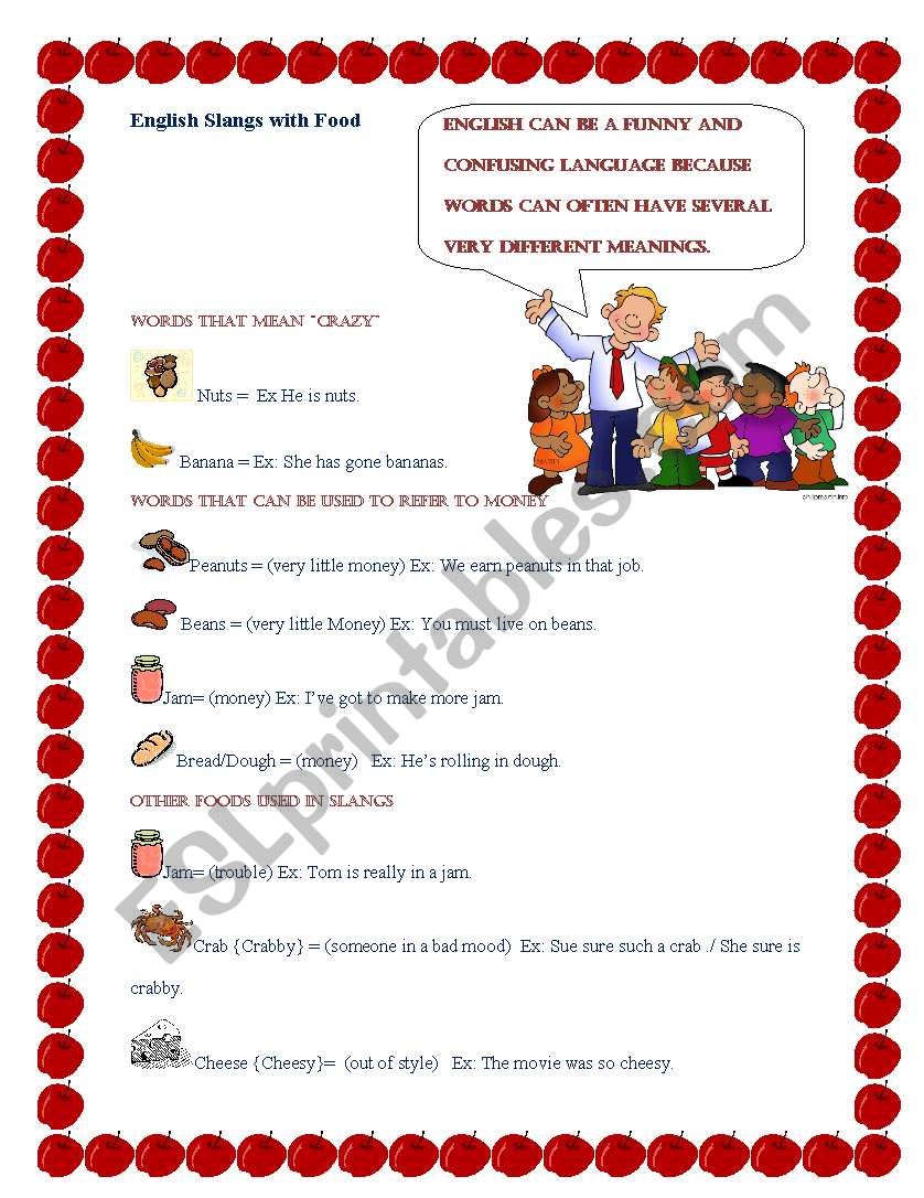 Foods used in slangs worksheet