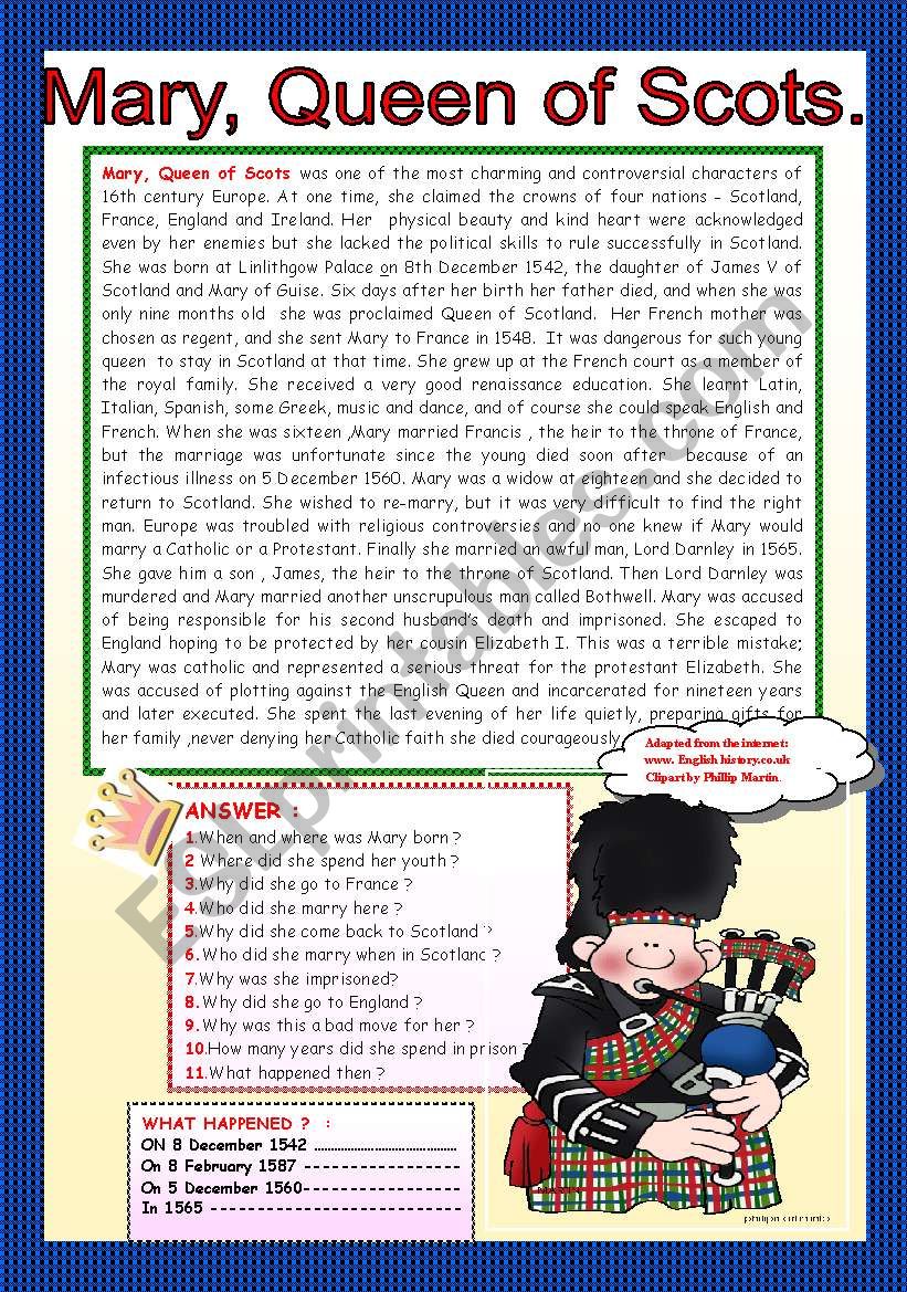 MARY, QUEEN OF SCOTS. worksheet