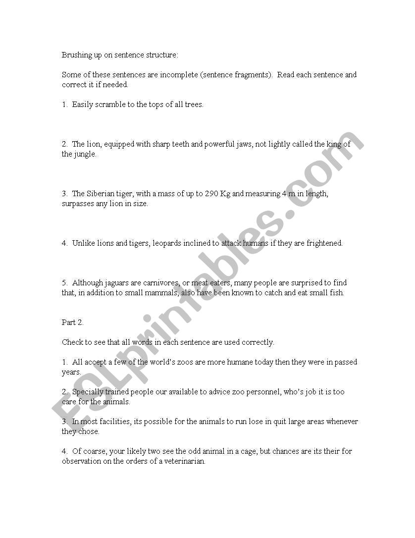 Sentence Structure worksheet