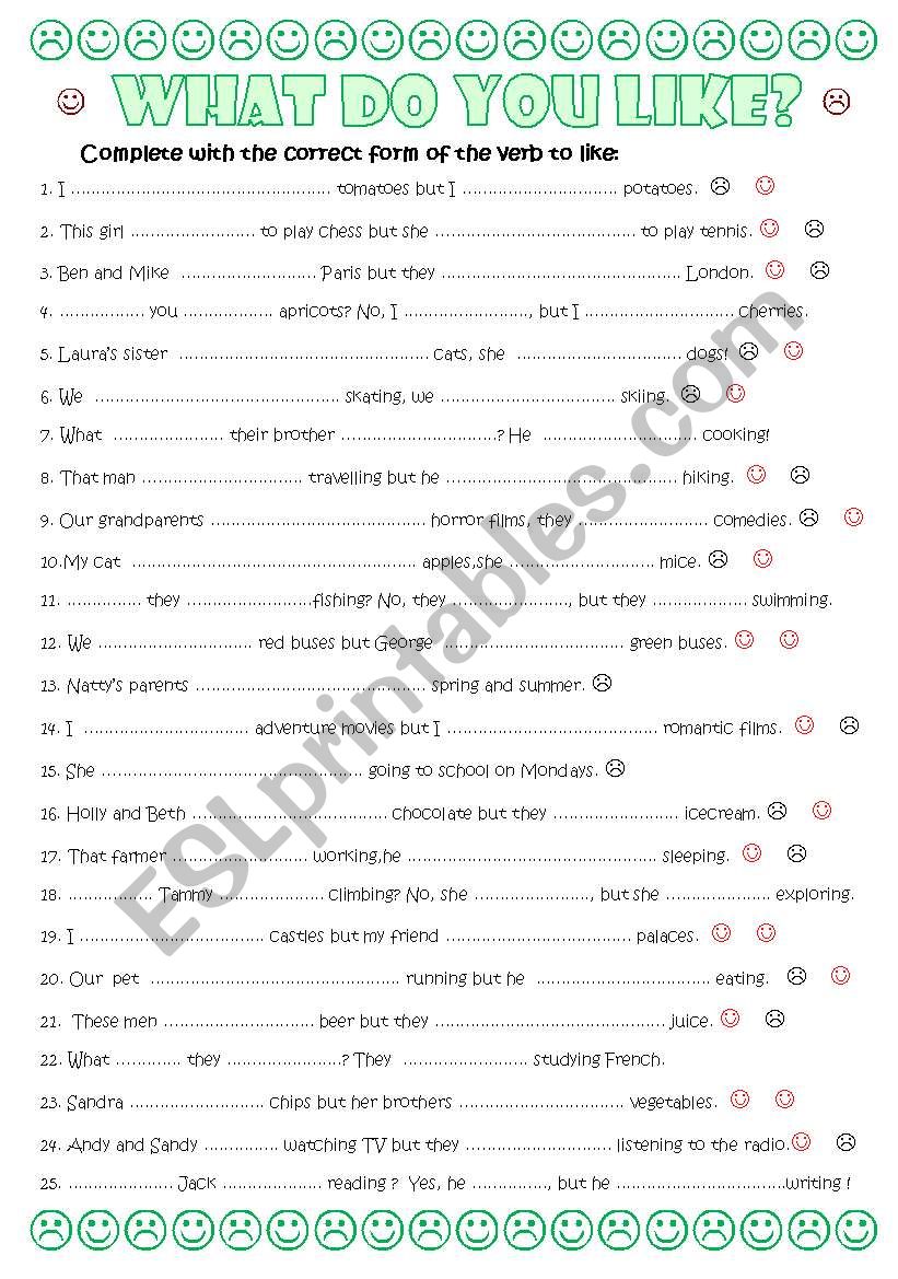 the verb to like worksheet