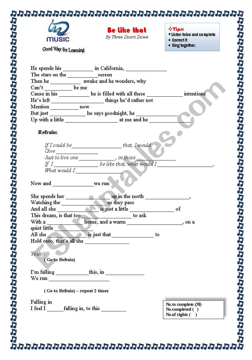 Learning with Lyrics worksheet