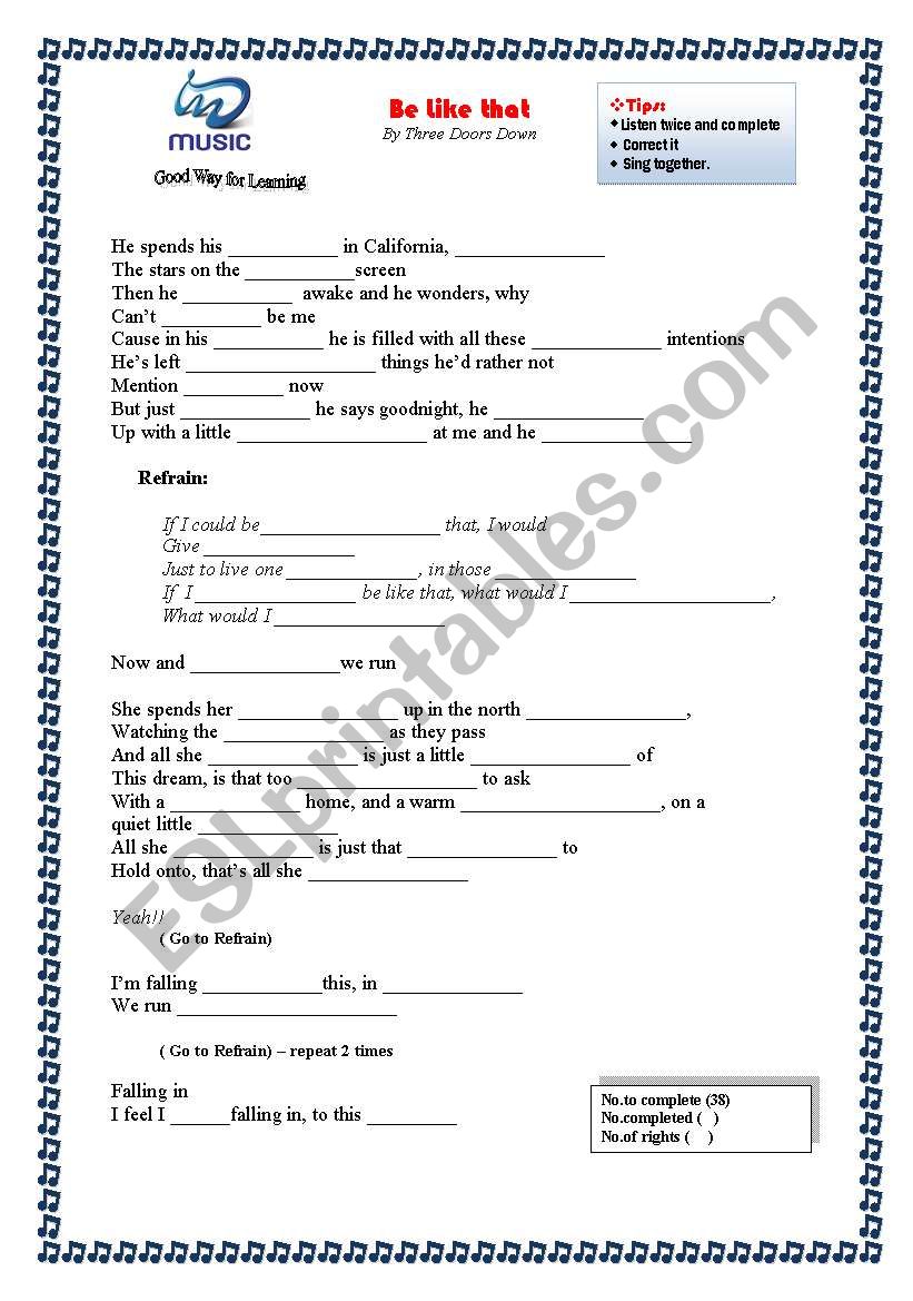 Learning with Lyrics worksheet