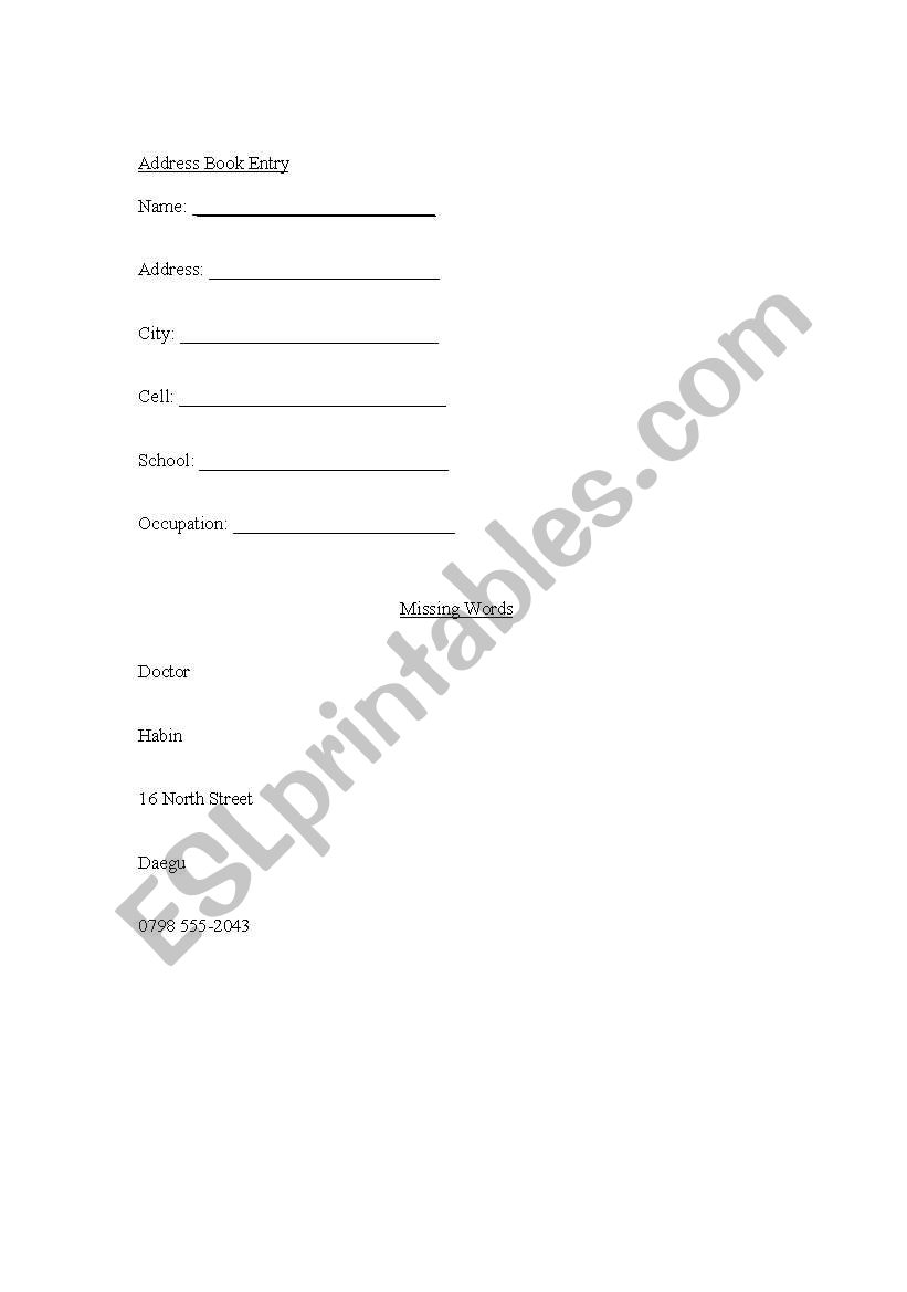 Address book exercise worksheet