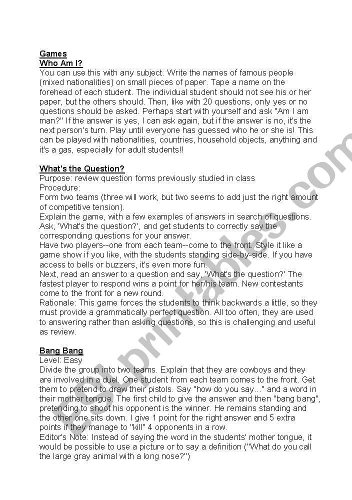 Games rules worksheet