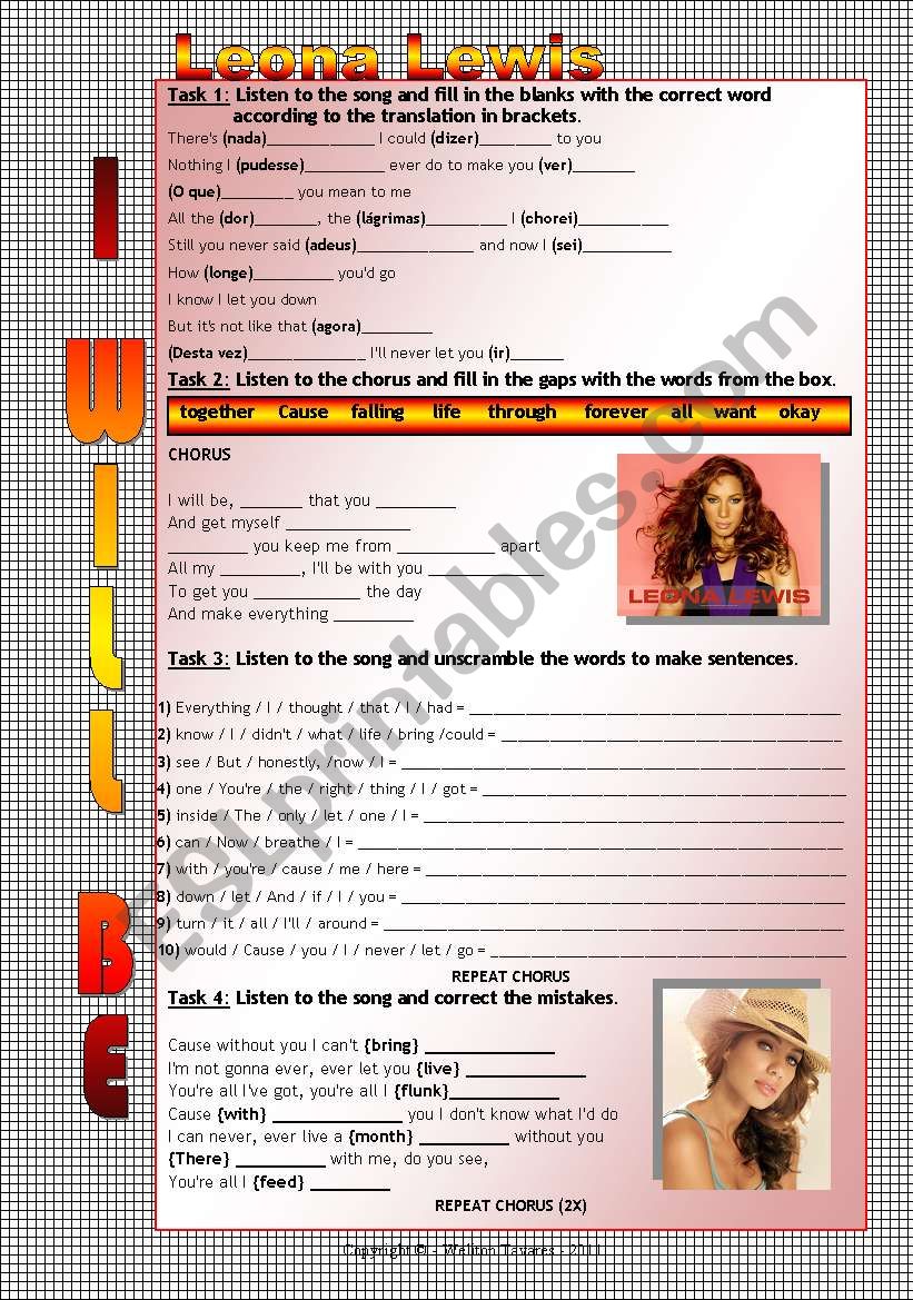 Song Worksheet - I will be by Leona Lewis