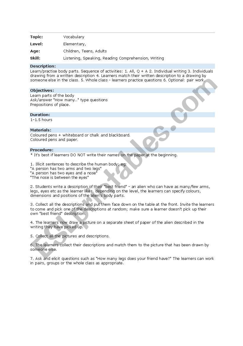 10 min. activities worksheet