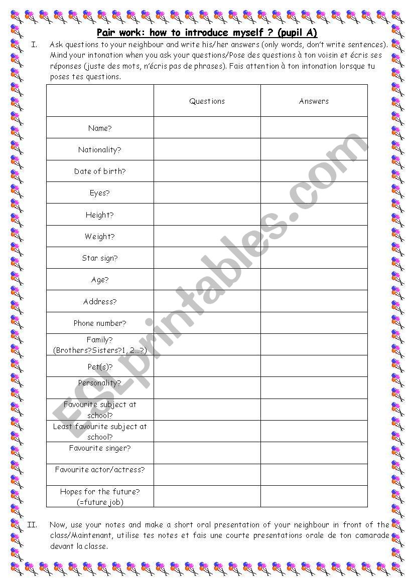 Pair work: Getting to know one another (pupil A)