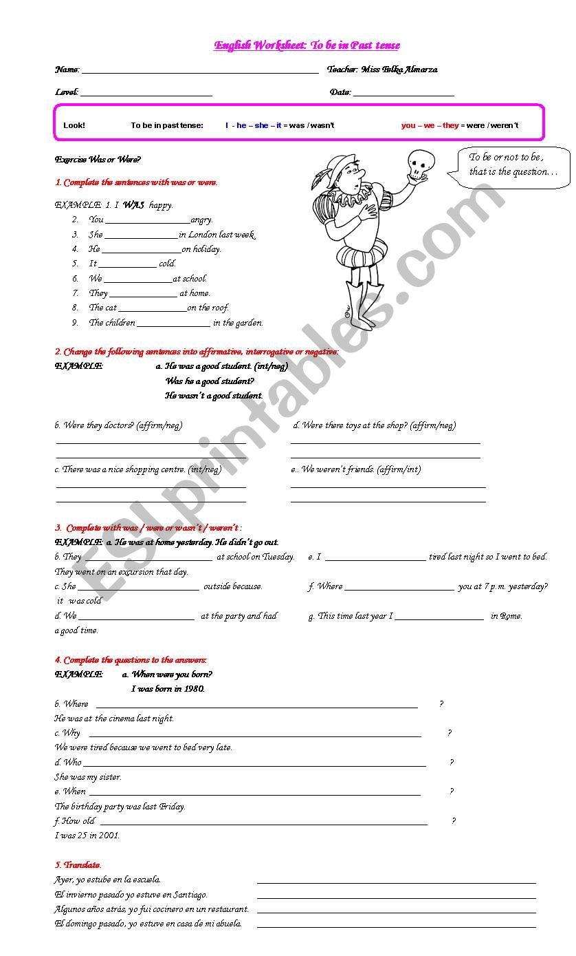 worksheet: To be in past tense