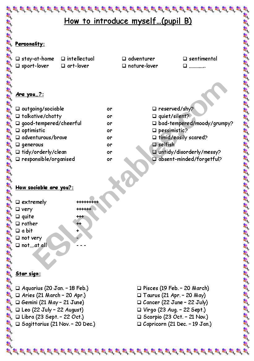 Pair work: Getting to know one another (pupil B)