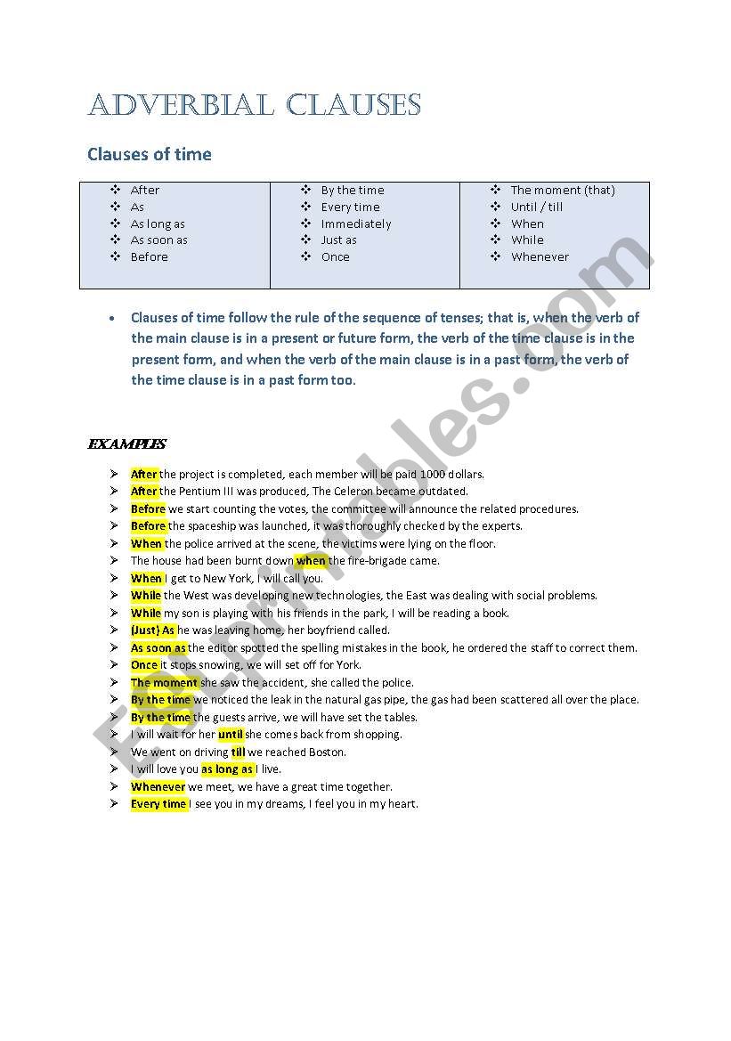 ADVERBIAL CLAUSE worksheet