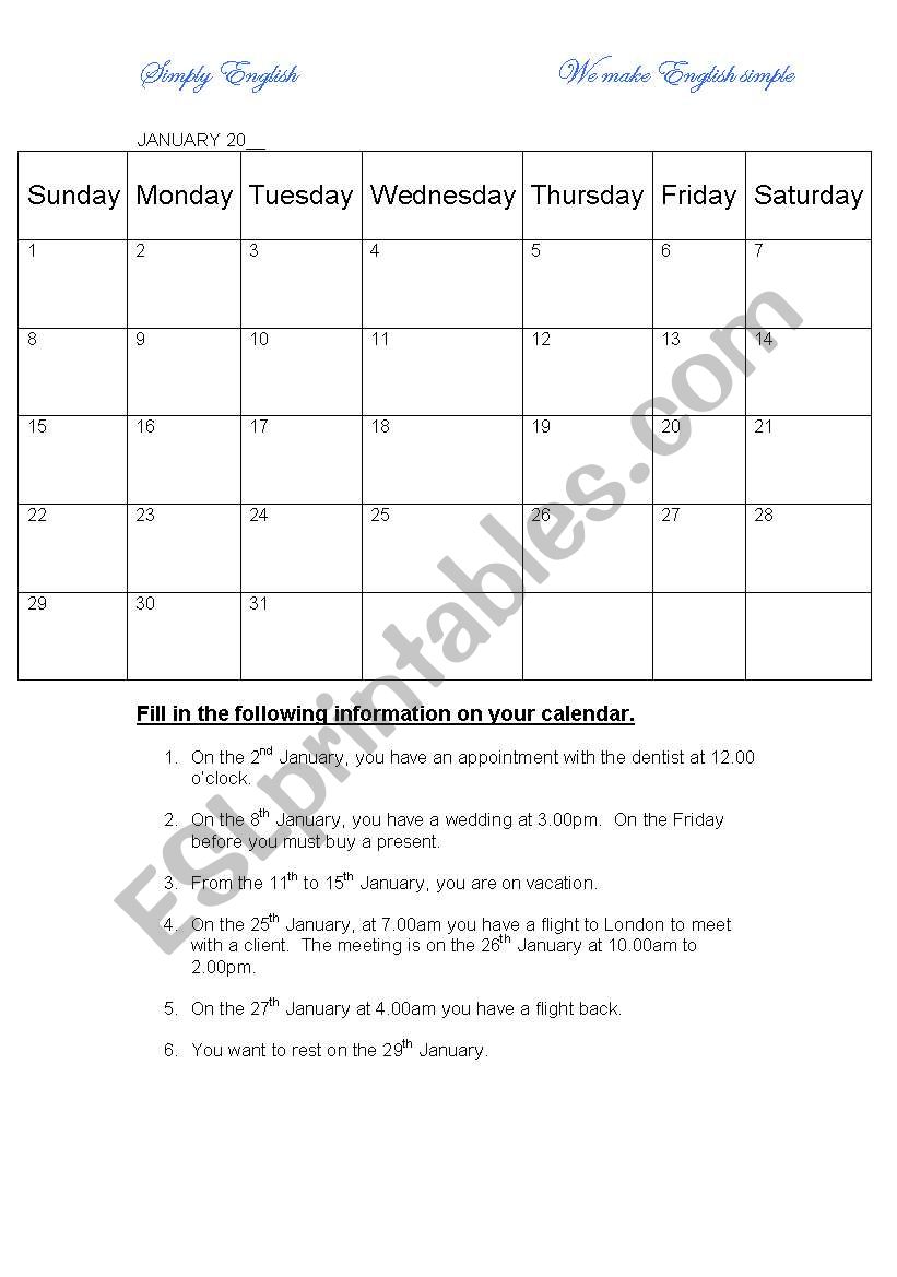 Days of the week  worksheet