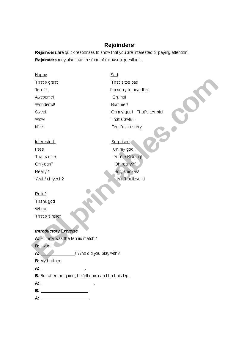 Rejoinders/ follow-ups  worksheet