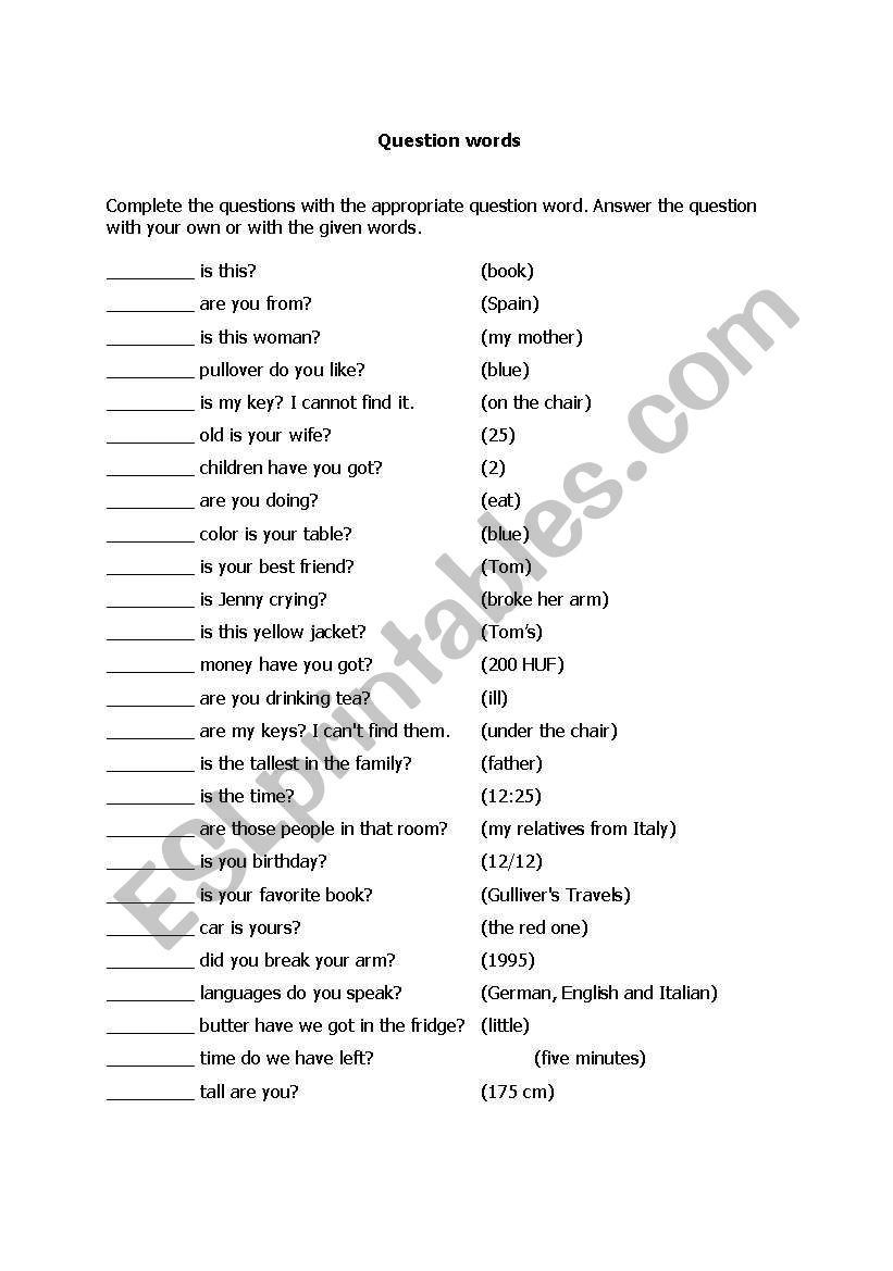 Question Words for Kid worksheet