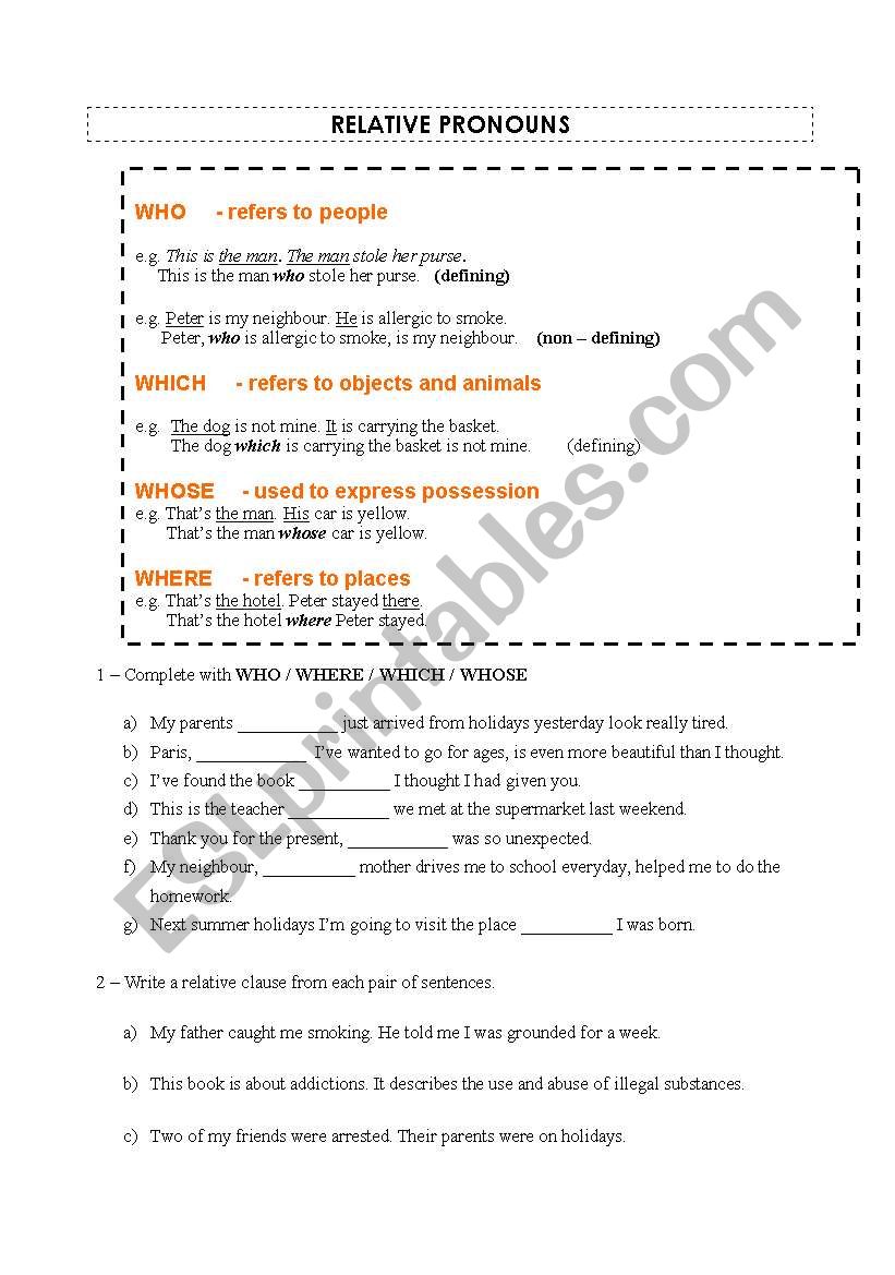 Relative pronouns worksheet