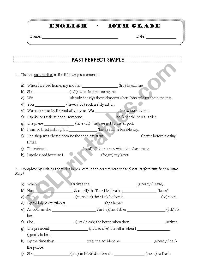 past perfect worksheet