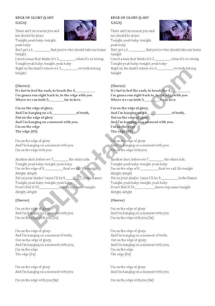 Lady Gaga - Edge of Glory worksheet