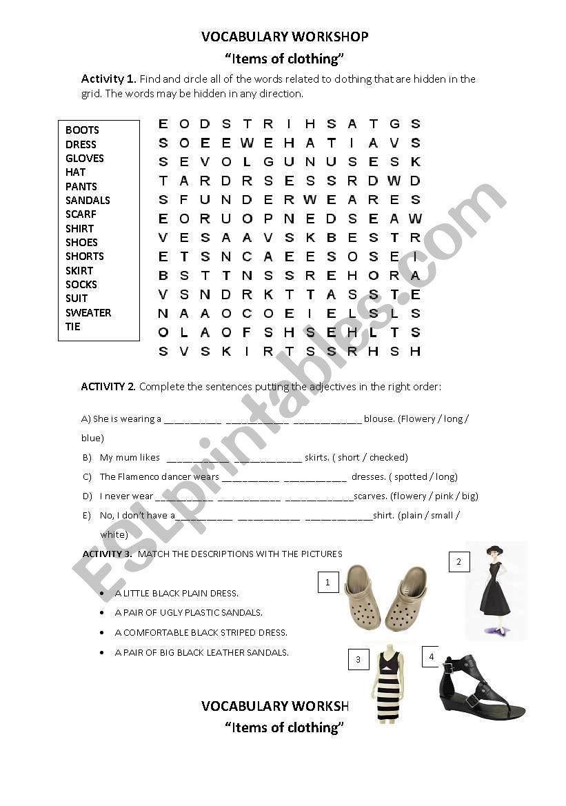 Clothes crossword worksheet