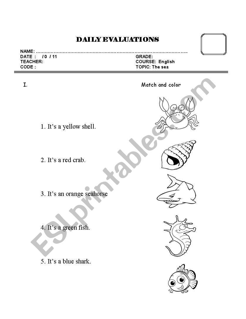 Sea animals and colors worksheet