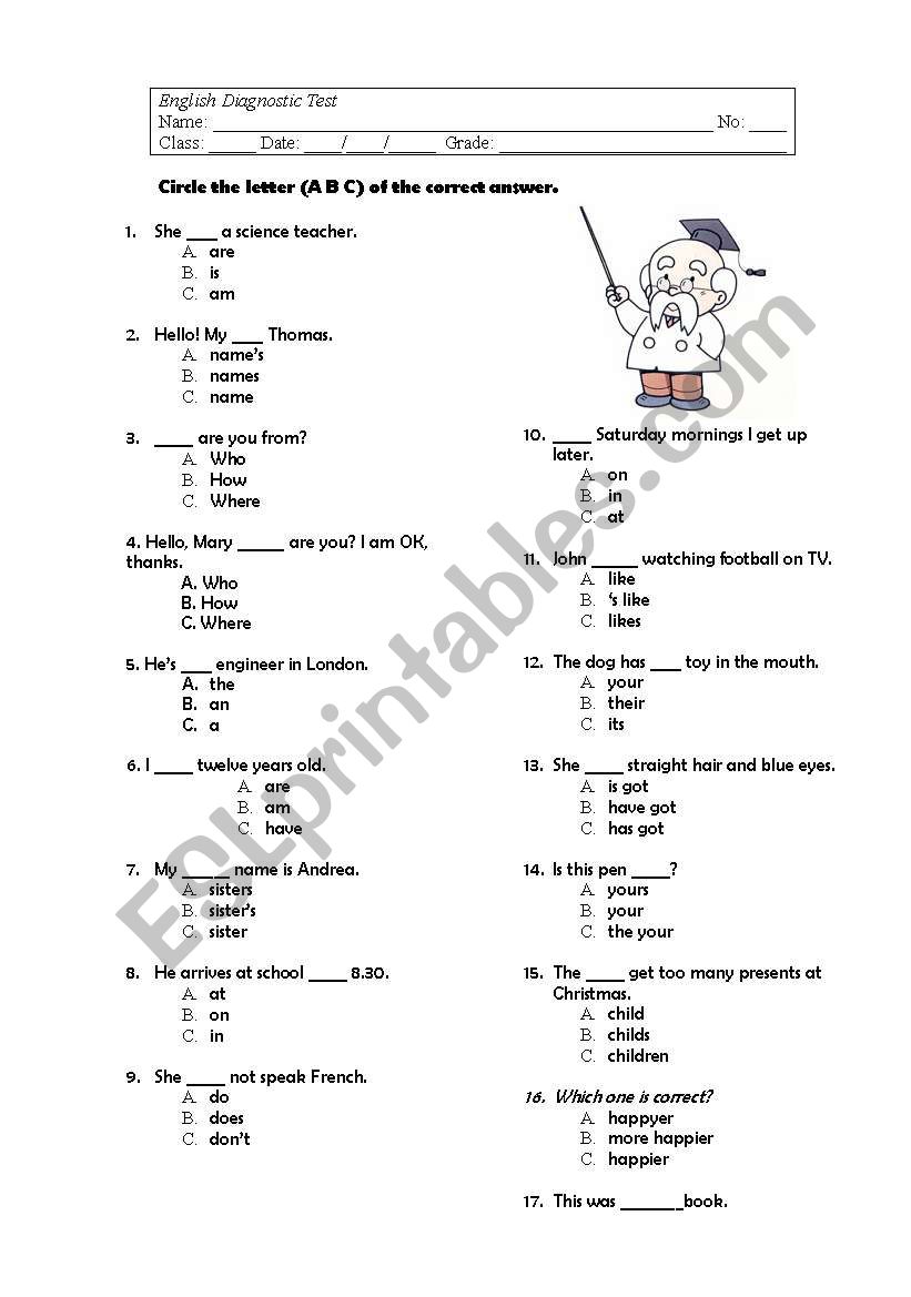 Diagnostic Test 3rd level worksheet