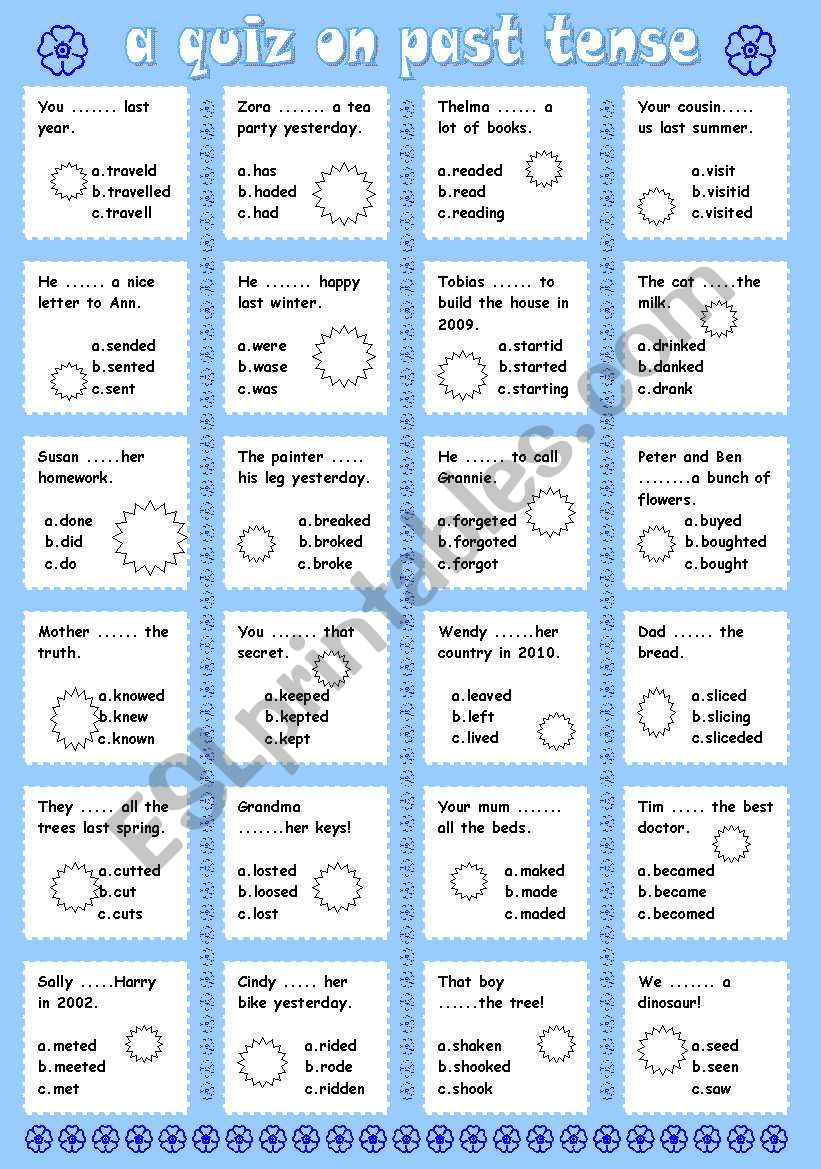 quiz on past tense 1 worksheet