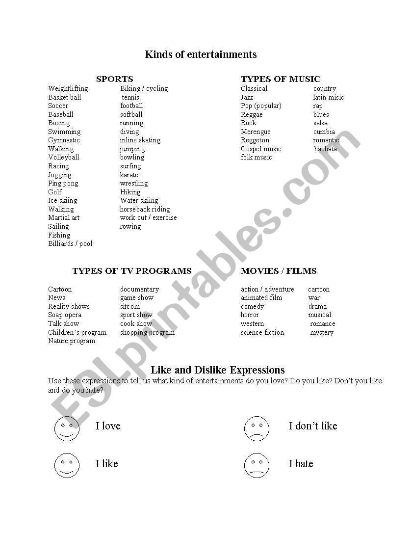 CLASES DE ENTRETENIMIENTOS worksheet