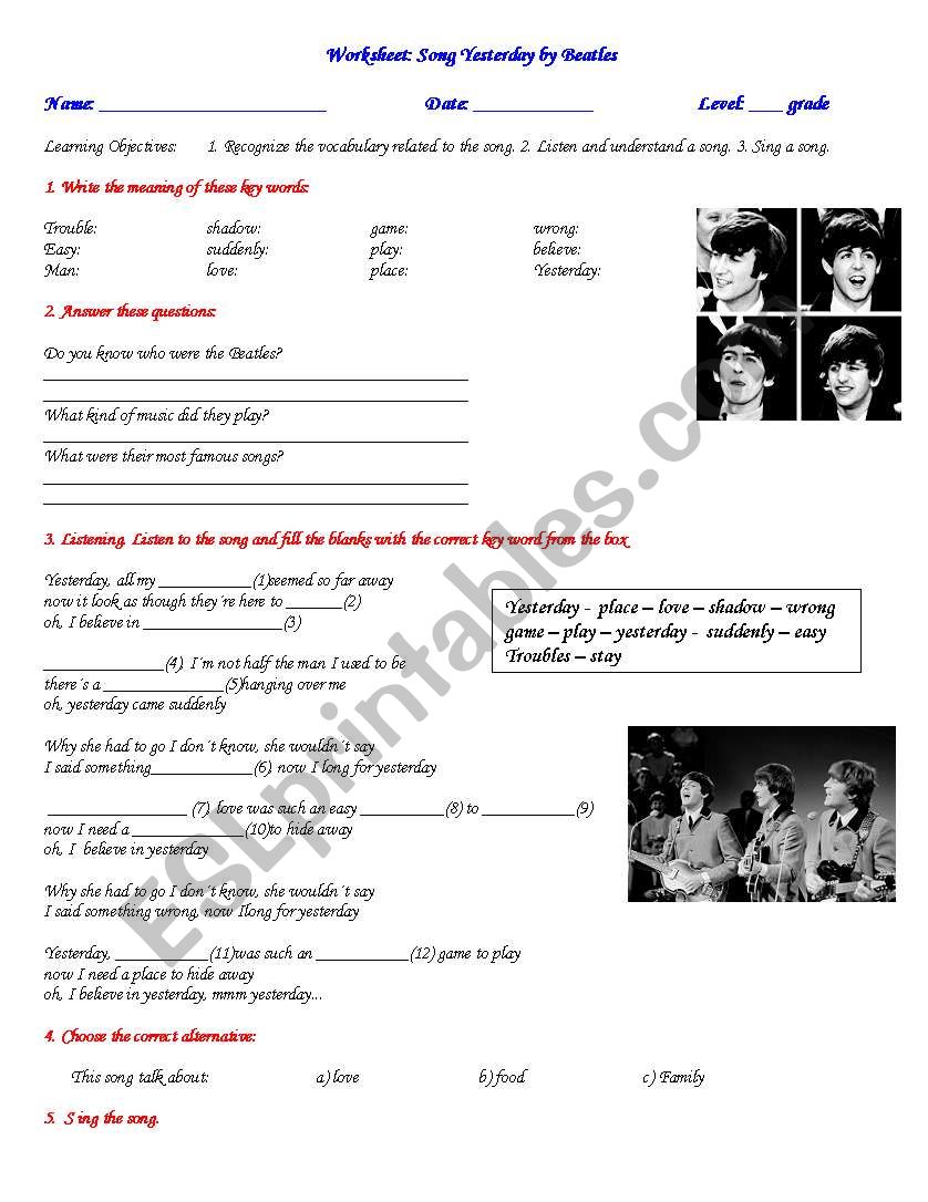 worksheet: Song Yesterday by Beatles