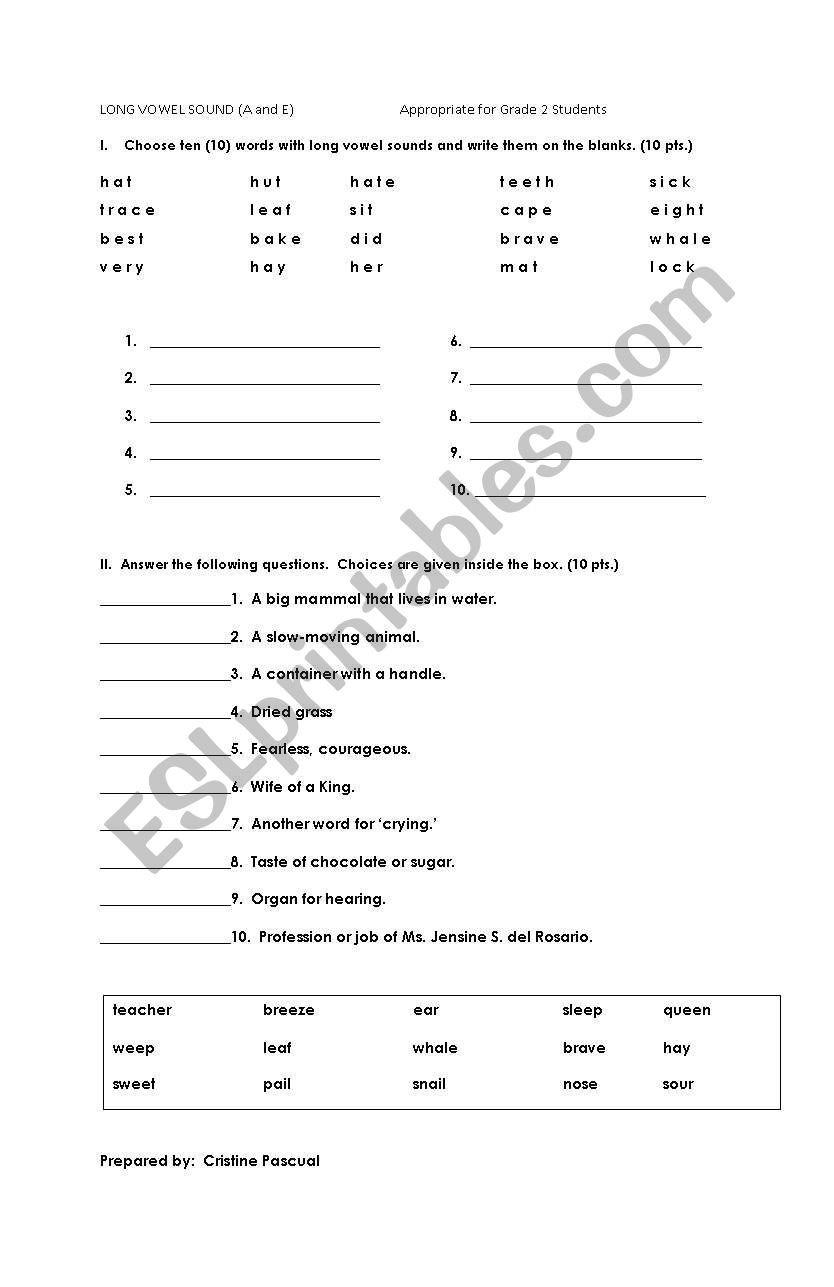 Long Vowel Sounds (A & E) worksheet