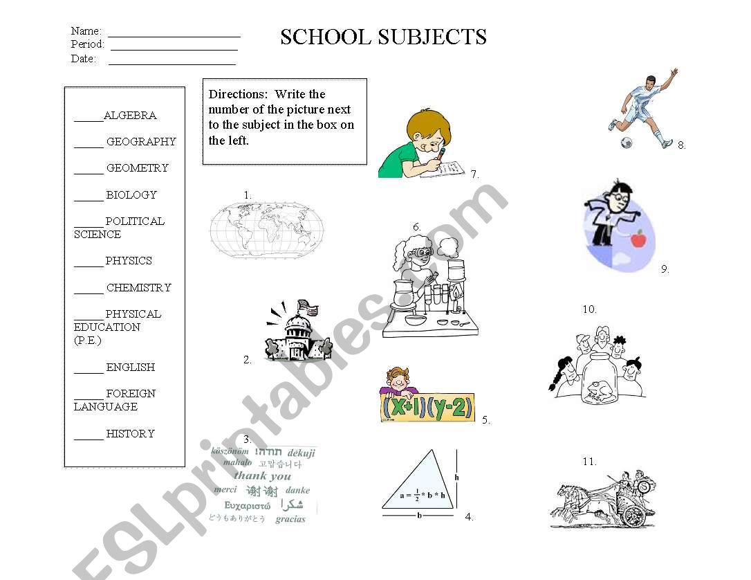 School Subjects worksheet