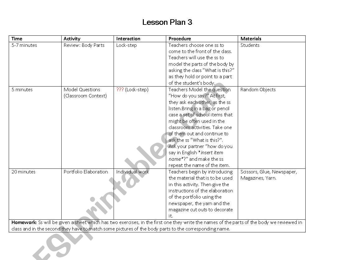 Body parts worksheet