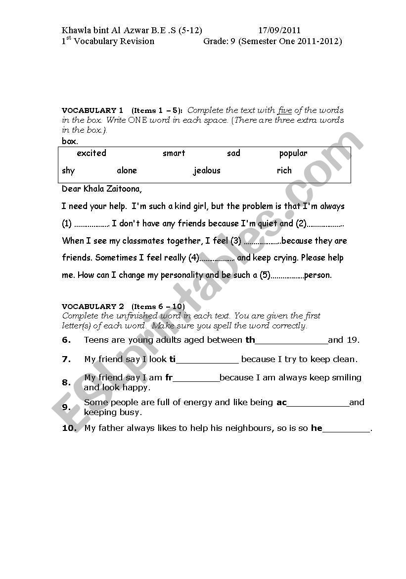 adjectives vocabulary worksheet