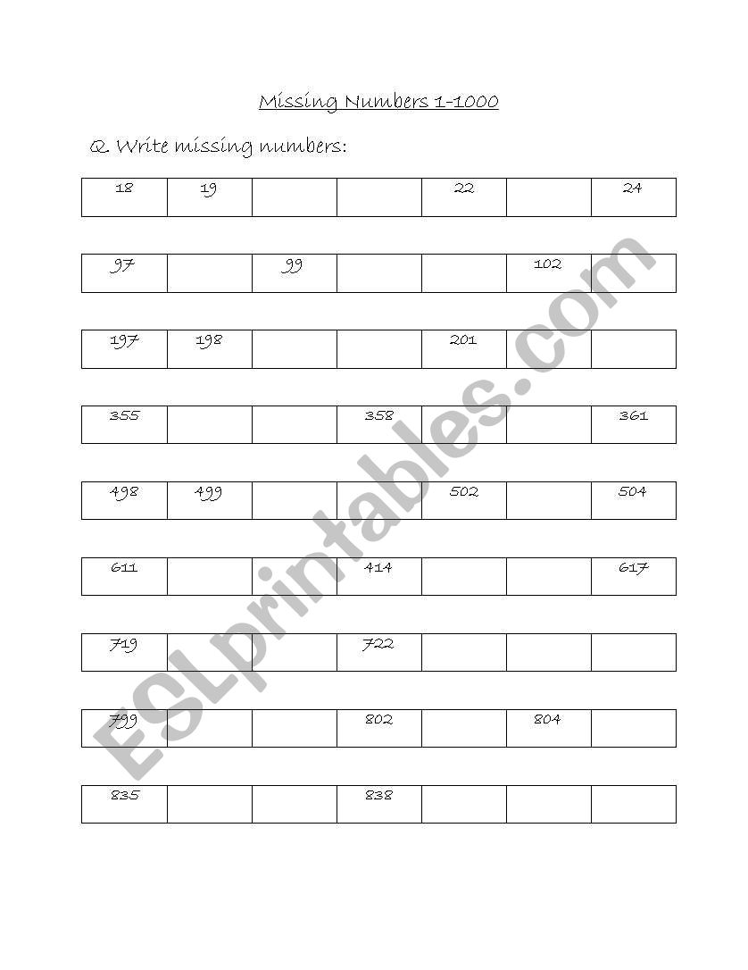 English Worksheets Missing Numbers 1 1000