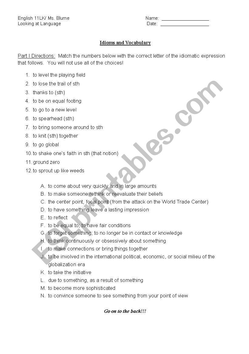 Quiz of Idiomatic Expressions worksheet