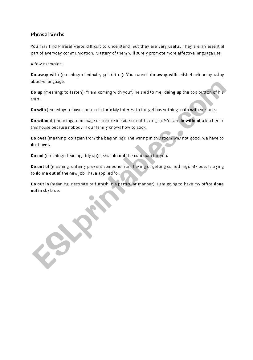 Phrasal Verbs: A few examples worksheet