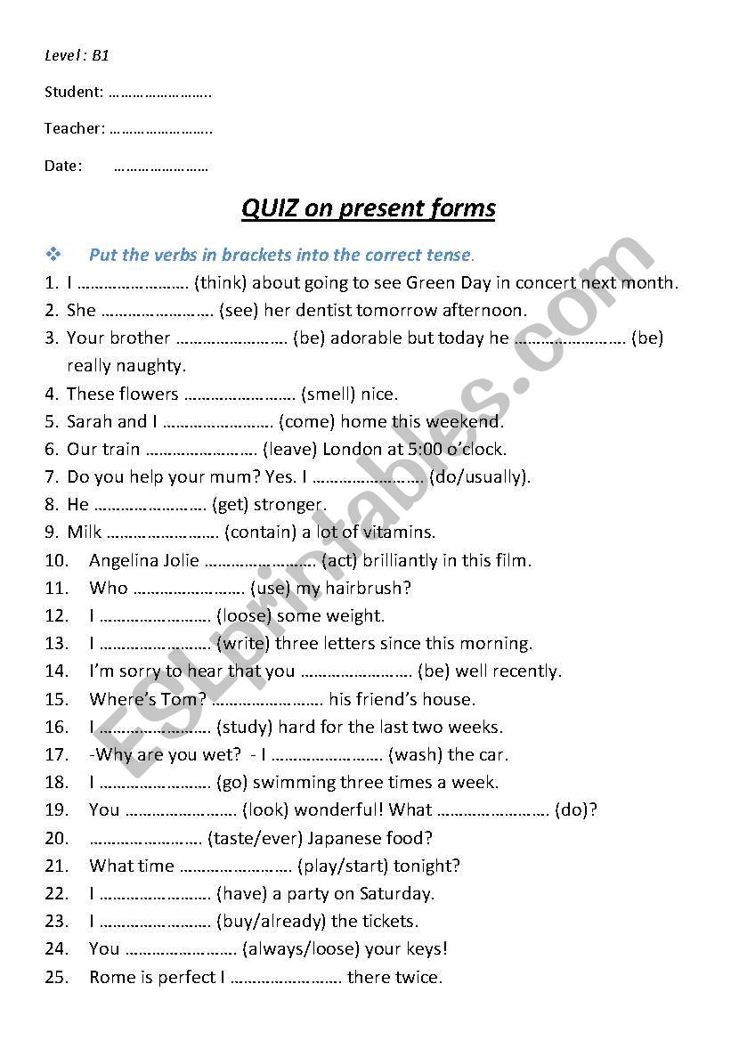 Quiz on present forms B1 worksheet