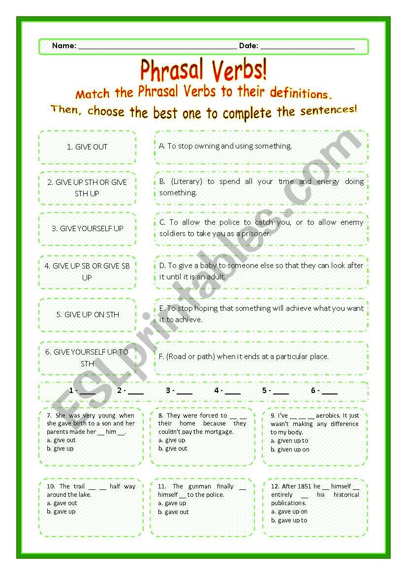 > Phrasal Verbs Practice 58! > --*-- Definitions + Exercise --*-- BW Included --*-- Fully Editable With Key!