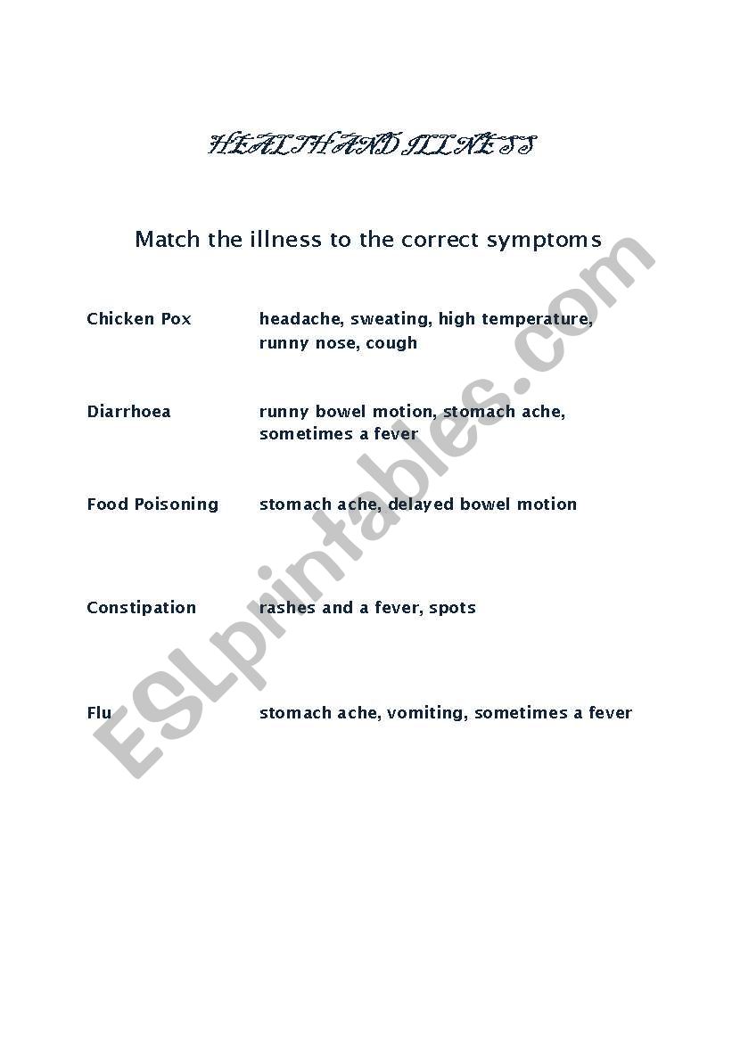 match the illness to the correct symptoms