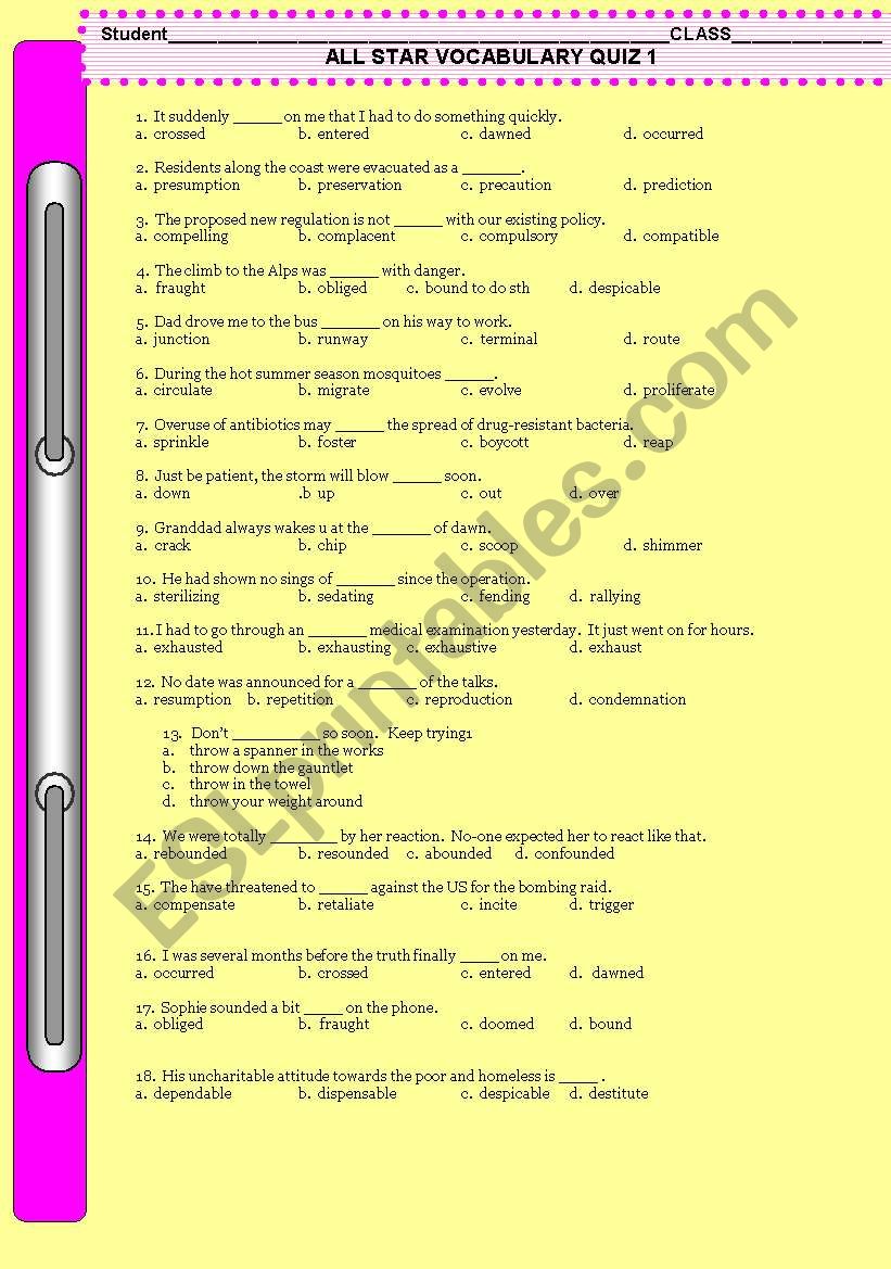 VOCABULARY QUIZ worksheet