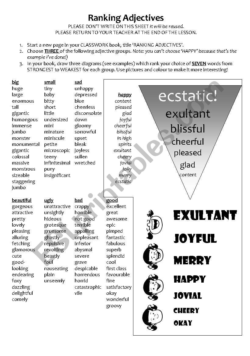 Ranking Adjectives Worksheet: Persuasive, Evaluation and Judgement Language