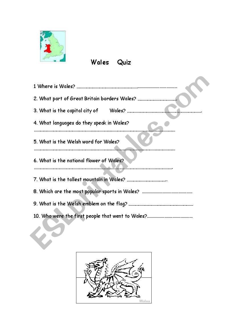 Wales Quiz worksheet Wales Quiz worksheet