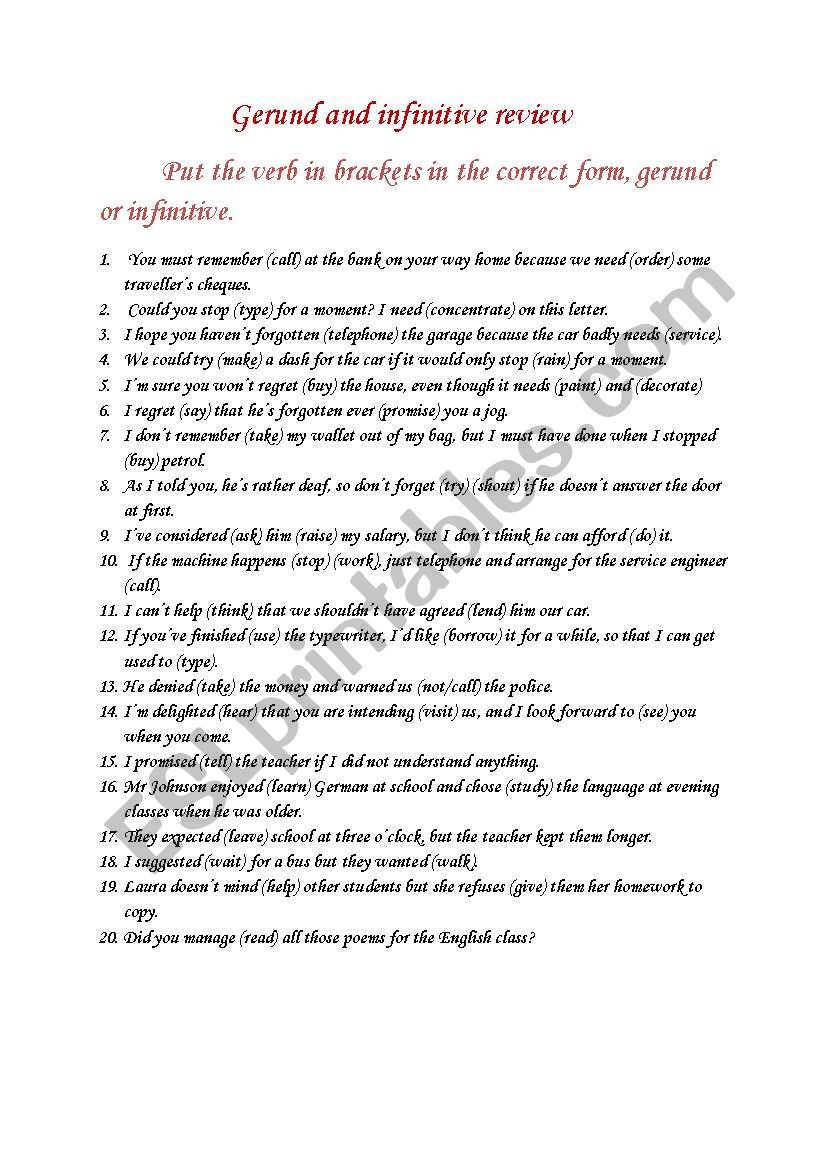 GERUND VS INFINITIVE worksheet