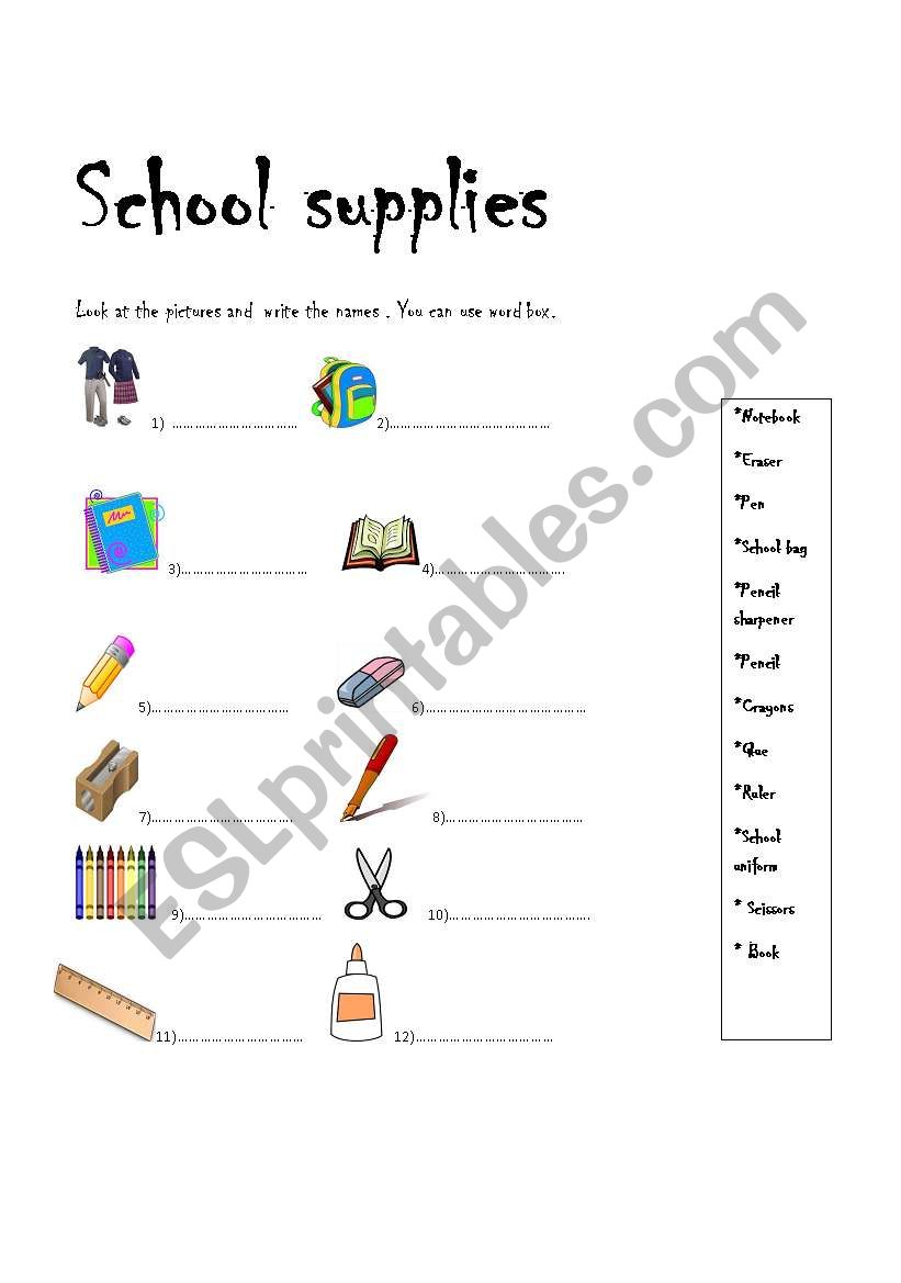 school supplies worksheet