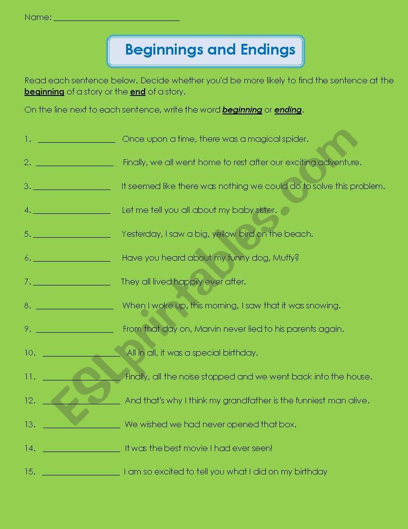 Beginnings and Endings worksheet