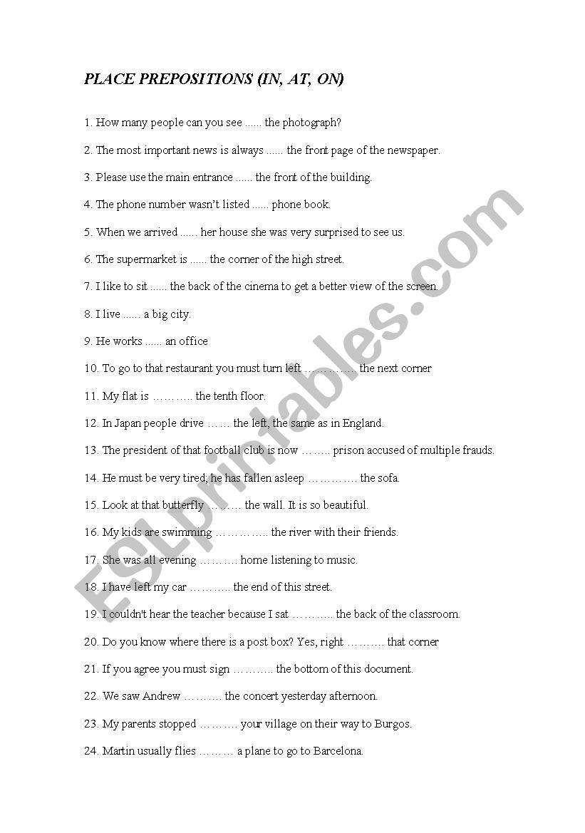 Place and Time Prepositions worksheet