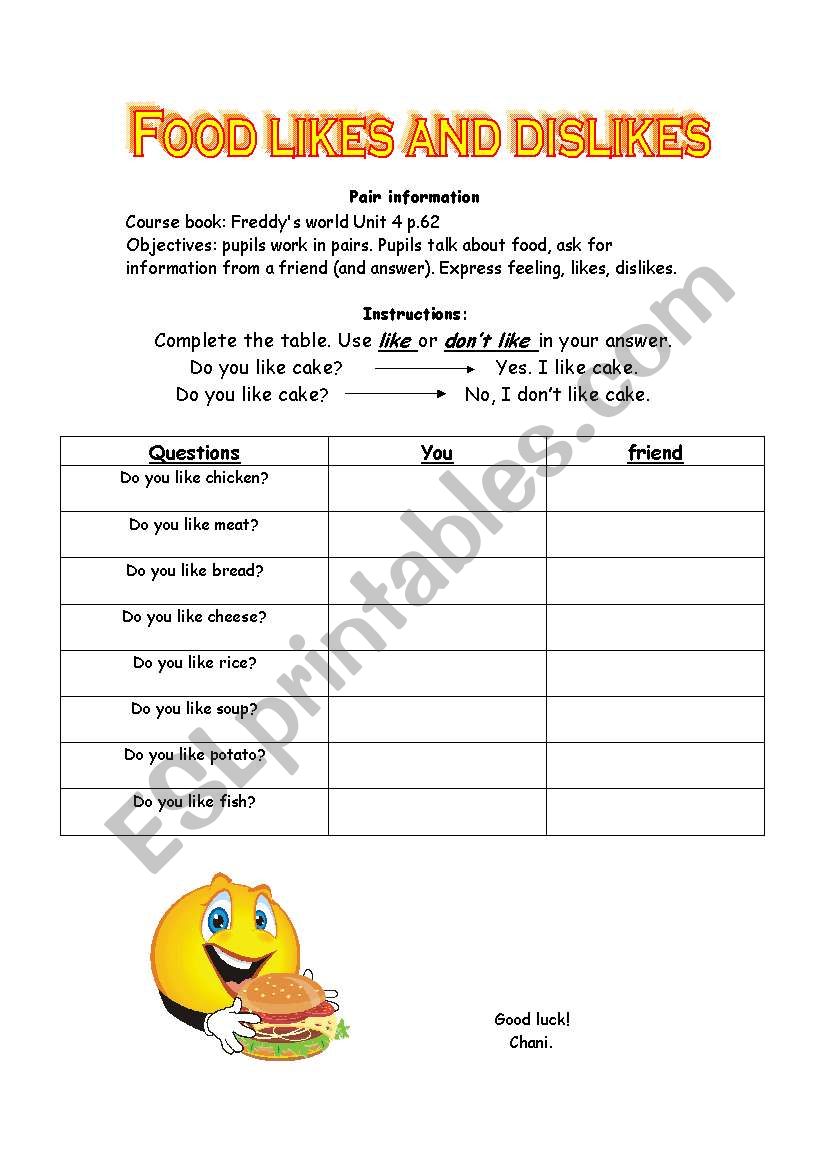 food - likes and dislikes worksheet