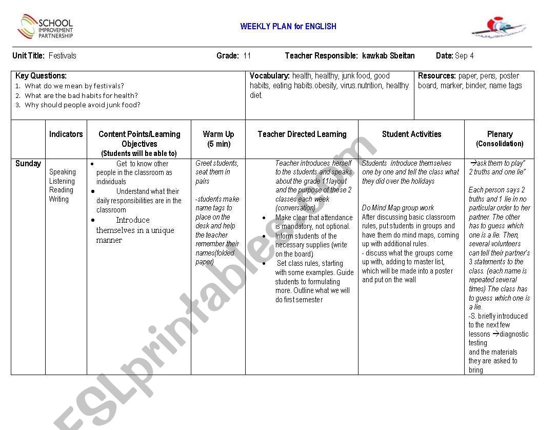 lesson plan about health worksheet