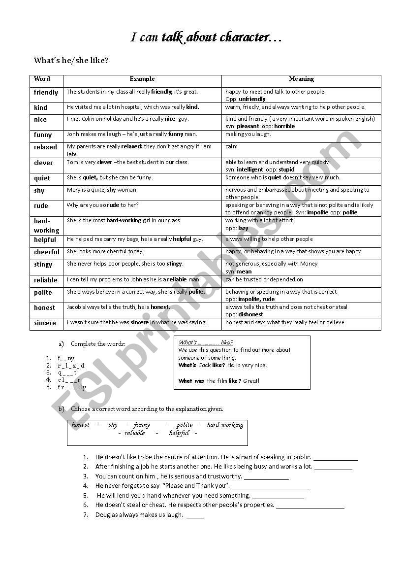 I can talk about characters! worksheet